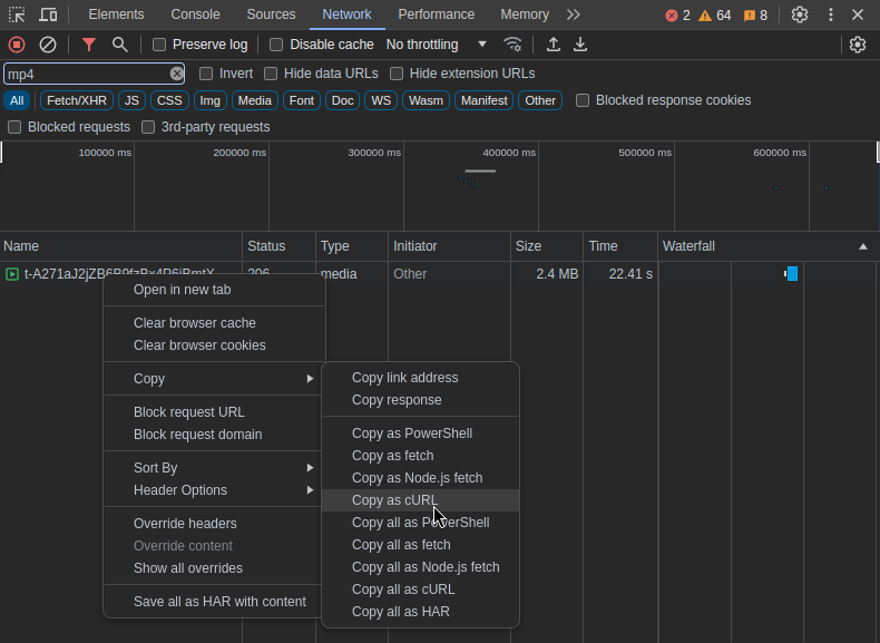 Copy Network Request as cURL